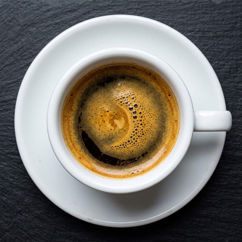 Top-down view of fresh espresso black coffee with rich golden hazelnut crema
